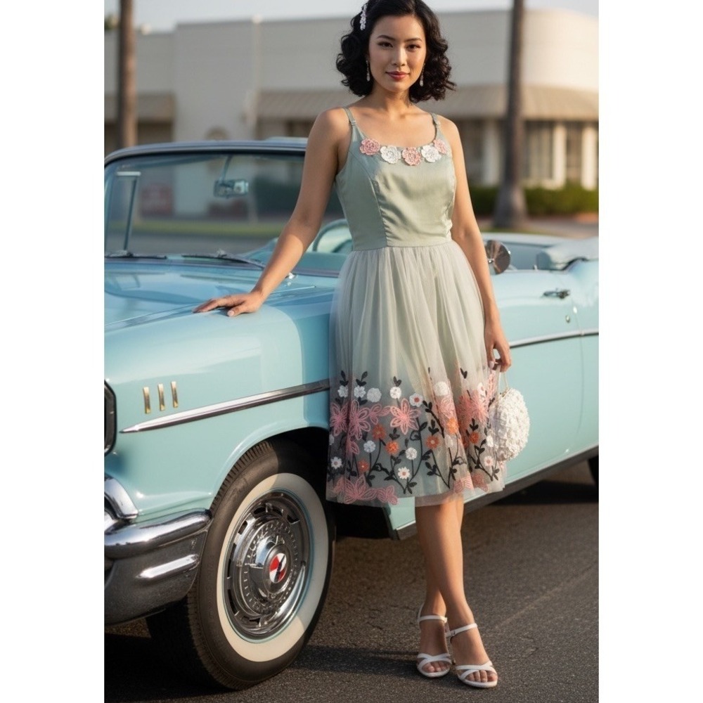 VINTAGE Bettie Page Tatyana tulle embroidered PARTY pin up PETTICOAT dress M
